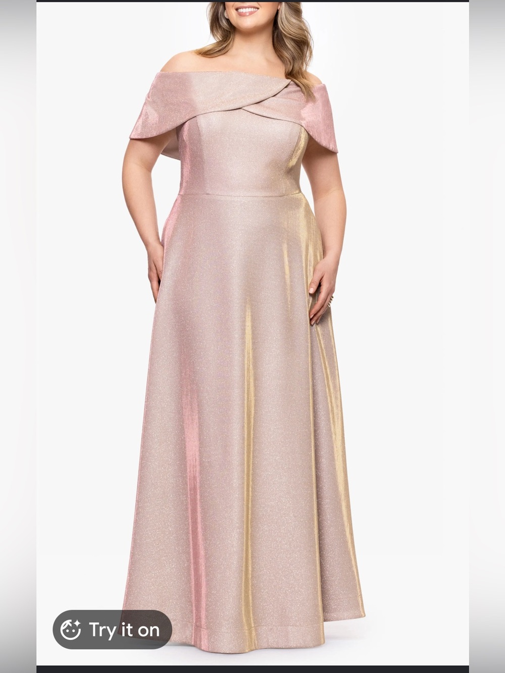 Betsy & Adam One-Shoulder Metallic Rose Gold Evening Gown